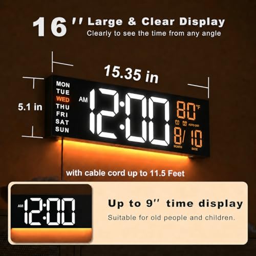 JALL 16" Large Digital Wall Clock with Remote, Big LED for Seniors, Auto Dimming, 8 RGB Colors, Night Light, Timer, Temperature for Living Room, Back to School Classroom, Gift for Student Teacher - color: Orange White, size: 16 inches