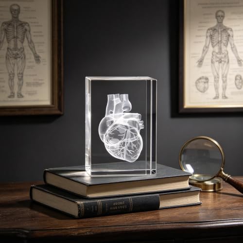 3D Human Heart Anatomical Model Paperweight(Laser Etched) in Crystal Glass Cube Science Anatomy Gift (No Included LED Base)(3.1x2x2 inch)