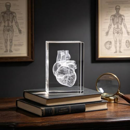 3D Human Heart Anatomical Model Paperweight(Laser Etched) in Crystal Glass Cube Science Anatomy Gift (No Included LED Base)(3.1x2x2 inch)