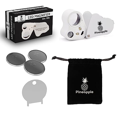 Pineapple 30X 60X Jewelers Loupe Magnifier with Light, Lighted Magnifying Glass Jewelry Loop, Pocket Magnifier for Coins, Jewelry, Plants, Currency, Diamonds, Stamps (White)