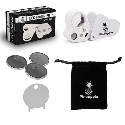 Pineapple 30X 60X Jewelers Loupe Magnifier with Light, Lighted Magnifying Glass Jewelry Loop, Pocket Magnifier for Coins, Jewelry, Plants, Currency, Diamonds, Stamps (White)