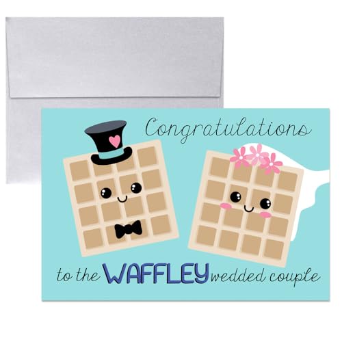 Amanda Creation Funny Wedding Card, 4x6 Blank Inside with Silver Envelope, Waffle-y Wedded Waffle Bride and Groom Congratulations - style: Waffle