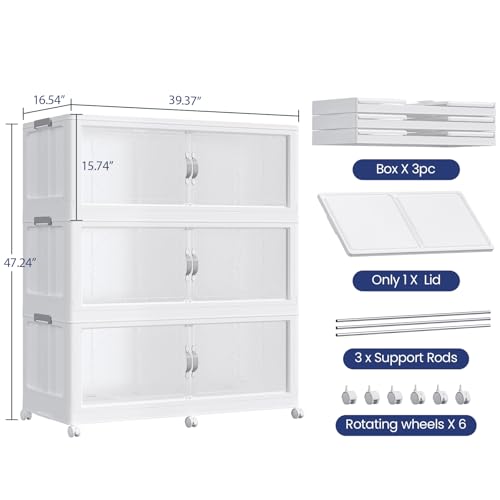 960QT Extra Large Stackable Storage Bins with Lid, 240Gal Plastic Closet Organizers and Storage Drawer, Collapsible Cabinet Box with Wheels Clear Doors for Home Kitchen Office, 3Pack White - size: 320QT