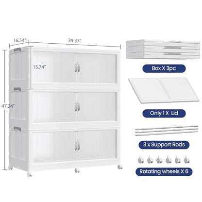 960QT Extra Large Stackable Storage Bins with Lid, 240Gal Plastic Closet Organizers and Storage Drawer, Collapsible Cabinet Box with Wheels Clear Doors for Home Kitchen Office, 3Pack White - size: 320QT