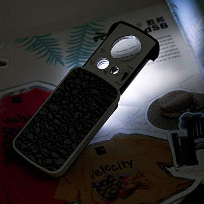 Slide Out Jewelry Loupes Magnifier Portable Pocket 30X 60X 90X Handheld Magnifying with 2 LED 1 Light Professional Protective Glass Loupe for Jewelry Rocks Stamps Coins Antiques Watches
