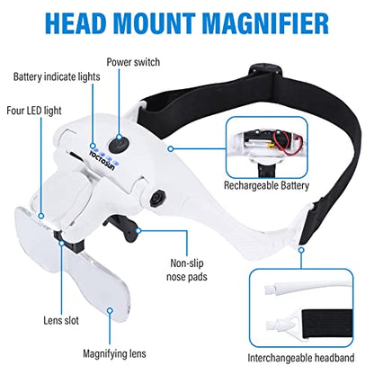 YOCTOSUN Magnifying Glasses with 4 LED Lights, Headband Magnifier with 5 Detachable Lenses 1X, 1.5X, 2X, 2.5X 3.5X -Rechargeable Hands Free Lighted Head Magnifier Glass for Crafts, Cross Stitch, Hobby - color: White