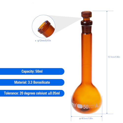 2PCS 50ML Volumetric Flask, Class A, Glass Stopper for Laboratory - color: Amber Glass, size: 50ML