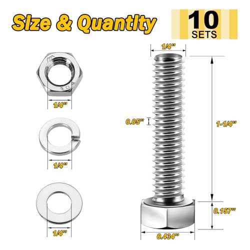 Mywish (10 Sets) 1/4-20x1-1/4 Hex Head Assorted Screws Nuts and Bolts with Flat & Lock Washers, 304 Stainless Steel 18-8, Fully Threaded, 1/4 Bolt Metric Bolt Assortment - size: 1/4-20 x 1-1/4 (10 set)