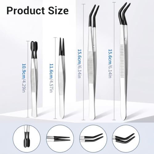 4PCS Tweezers with Rubber Tips, Black Stainless Steel Tweezers for Crafts