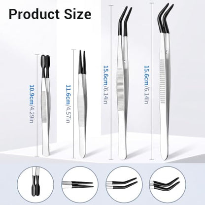 4PCS Tweezers with Rubber Tips, Black Stainless Steel Tweezers for Crafts