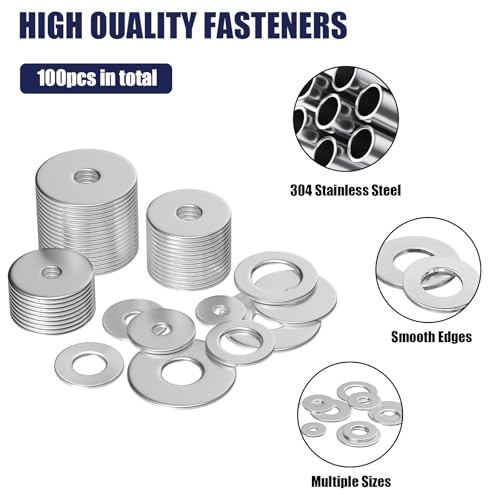 WEGOUP 100Pcs Flat Washers for Screws, 304 Stainless Steel M3-M12 Assorted - size: 12 Sizes 100 Pieces