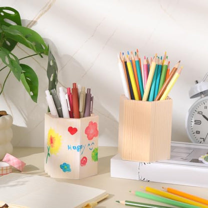 DoubleFill 12 Pack Wooden Pencil Holder Unfinished Wood Pen Holder for DIY Crafts 3 x 3 x 4 Inch Mini Wood Desk Organizer for Back to School Classroom Homemade Art Projects Supplies(Hexagonal)