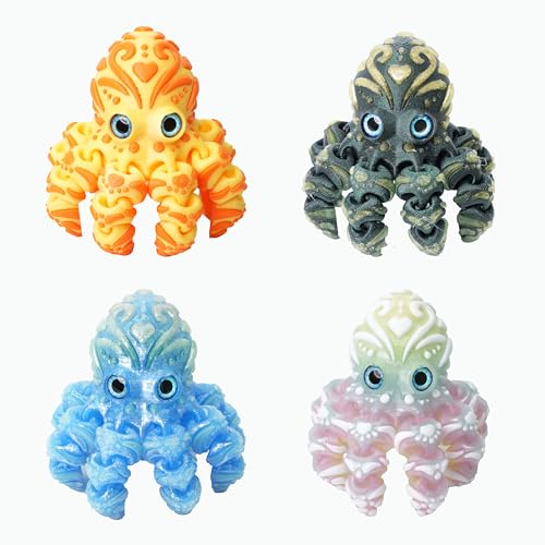 4Pcs 4in 3D Printed Octopus Set, Articulated Flexible Octopus Fidget Toy, 3D Printed Animals Desk Pets for Office, Sensory Stress Relief Sea Creature Toys for Kids & Adults, Easter basket essentials - color: 4pcs Octopus Set-b