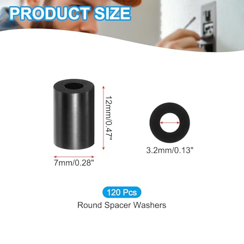 PATIKIL M3 Black ABS ID 3.2mm,OD 7mm,Length 12mm, Nylon Round Spacer Washers, 120Pcs Plastic Standoff Rubber Nut Unthreaded for M3 Screws Electrical Outlet Switch Receptacle - size: 3.2mm x 7mm x 12mm
