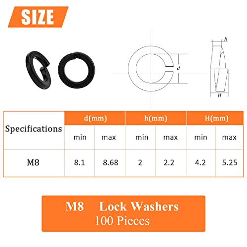 HELIFOUNER 100 Pieces 8.8 Grade Alloy Steel M8 Split Lock Washers, Spring Lock Washers for Screws Bolts, Black - color: Black, size: M8 (100 PCS)