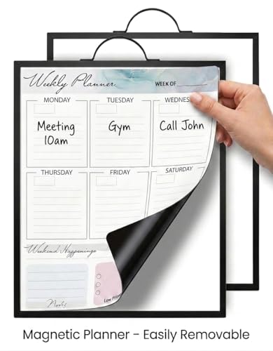 Magnetic Dry Erase Board 12x16 with Handle, Double Sided Portable Black Whiteboard for Home, Office, School & Kitchen, Includes Weekly & Monthly Magnetic Planner Sheets - style: Black Handle + Planner