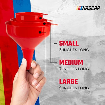 NASCAR Automotive Funnel Set – Oil, Gas & Fluid Funnels for Cars & Trucks, Durable, Lightweight, & Versatile, Includes 3 Sizes: Small, Medium, Large, Multi-Purpose Use for Oil Changes, Fuel, & More