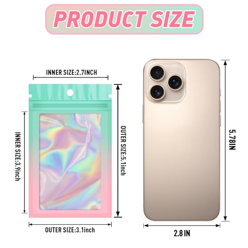 Funfery 100 Pack Gradient Holographic Bags,Mylar Resealable Bag with Zipper,Clear Window Packaging Pouch,Smell Proof Bags for Food Storage,Sample Jewelry Baggies(3.1x5.1In,Green Pink) - color: Green Pink, size: 3.1x5.1 Inch