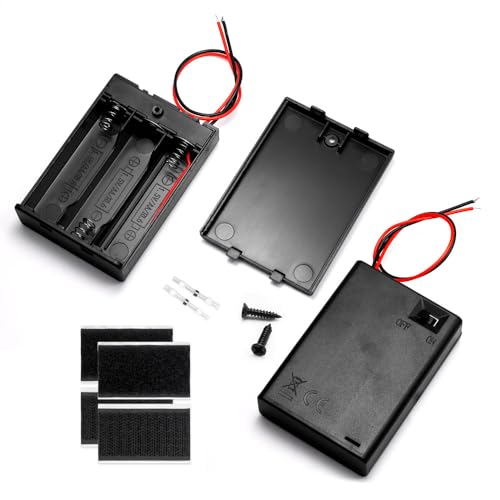 2PC 4.5V (3 x 1.5V) Battery Holder Enclosures with Wire Leads and On/Off Switch Lid, 4.5 Volt Battery Case with Hook Verclo and Solder Seal Wire Connectors