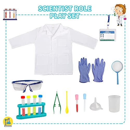 Scientist Costume for Kids, Lab Coat with Science Experiment Kit, Dress Up & Pretend Play for Boys Girls Ages 4 to 8 Years Old