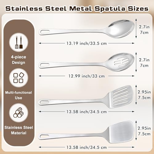 4 Pcs Cooking Utensils Set, Stainless Steel Kitchen Utensils, Heat Resistant Metal Kitchen Tools Include Slotted Turner Wok Spatula, Solid & Slotted Serving Spoon, Ladle, Easy to Clean, Silver - color: F. 4 Pieces