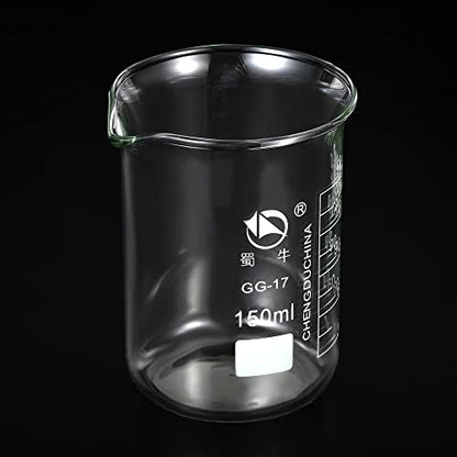 PATIKIL 150ml Low Form Glass Beaker, 3.3 Borosilicate Glass Graduated Printed Scale Measuring Cups with Spout for Kitchen Lab Liquids Transit Boiling - size: 150ml