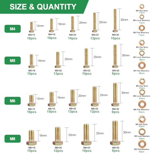 FOLIV 907pcs Grade 8.8 Metric Bolt Assortment, M4 M5 M6 M8 Heavy Duty Bolts and Nuts Kit, Yellow Zinc Plated, Length from 12-30mm - size: 907PCS M4 M5 M6 M8