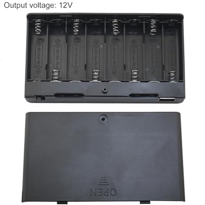 8 x 12V AA Battery Holder Case Box with Built in USB Port and ON/Off Switch and Leads Wire Cover for Strip Lights Toys Door Lock Black