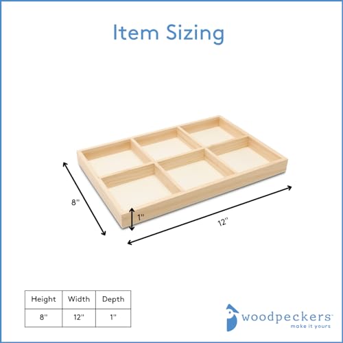 DIY Rectangle Wooden Divided Serving Tray 12 x 8-inch, Pack of 5 6-Section Candy Tray for Vegetable & Fruit Party Platters, by Woodpeckers - size: 12" x 8" 6 Part