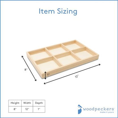 DIY Rectangle Wooden Divided Serving Tray 12 x 8-inch, Pack of 5 6-Section Candy Tray for Vegetable & Fruit Party Platters, by Woodpeckers - size: 12" x 8" 6 Part