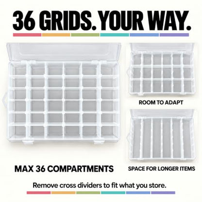 36-Grid Bead and Tackle Box Organizer, Adjustable Dividers, 3 Pack - color: Clear-3pack-108 Grids