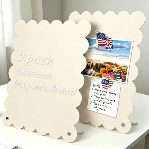 FYSUIMU 2Pcs Beige Scalloped Magnetic Board Standing Metal Memo Board Magnet Display for Photos Notes Wall Decor Fridge Kitchen Office Classroom, 11 x 9 Inch