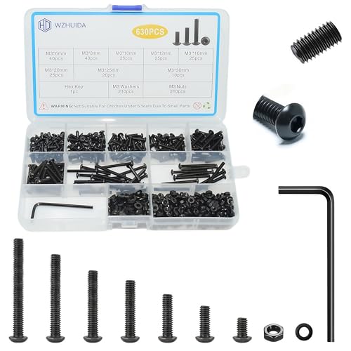 630 Pcs M3 Screws Assortment Kit, M3x6mm/8mm/10mm/12mm/16mm/20mm/25mm/30mm, Metric Hex Button Head Socket Cap Screws Nuts Washers Kit with Wrench, Black Zinc Plated - style: M3 630Pcs 6mm-30mm