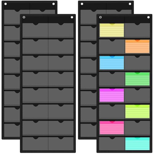 AmazingSpark 4 Pack 3'' x 5'' Index Card Holder Sleeve 16 Slot Plastic Organizer Hanging Wall Mount Business Note Cardholder PVC Clear Organizer Pocket for Classroom Office Library Home (Black) - color: Black