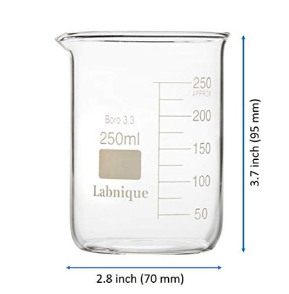 Labnique Borosilicate 3.3 Glass Griffin Beaker, Low Form Beaker with Printed Graduation (250ml x8) - size: 250ml x8