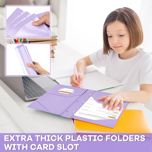 Henoyso 48 Pcs Plastic Folder with Clear Front Pocket and 3 Prongs Heavy Duty Plastic Folders with Card Slot Pocket Folders with Prongs for School Office Home(Light Purple) - color: Light Purple