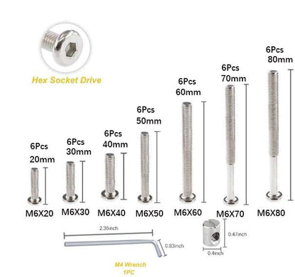 Baby Bed Frame Bolts, Crib Screws Hardware ReplacementKit M6x20/30/40/50/60/70/80mm Hex Drive Socket Cap Screws Barrel Nuts Wooden Dowel Kit for Beds Chairs Furniture et (42Set) - size: 42Set
