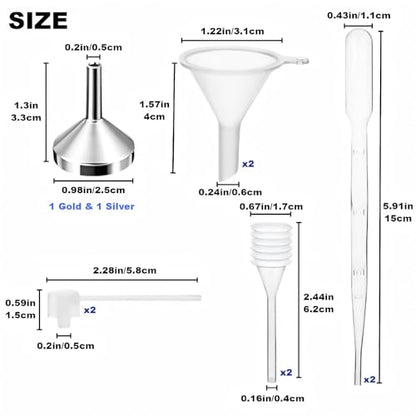 10Pcs Mini Funnels Sets, Plastic Small Aluminium Funnels with Mini Plastic Dropper Pipette Dispenser for Filling Tiny Bottles, Crafts, Sand, Essential Oils, Cosmetics (Gold Silver) - color: Gold Silver
