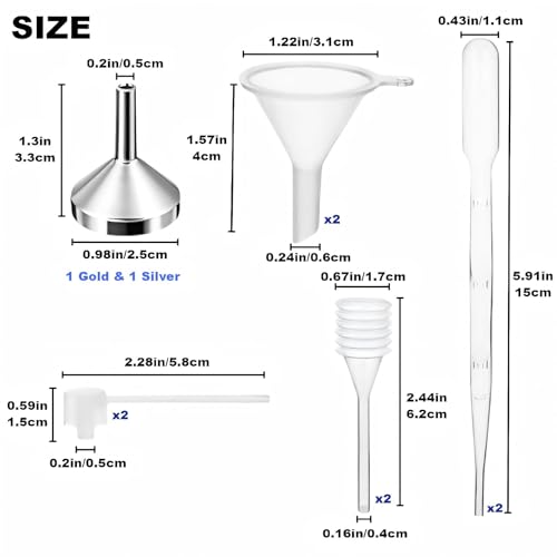 10Pcs Mini Funnels Sets, Plastic Small Aluminium Funnels with Mini Plastic Dropper Pipette Dispenser for Filling Tiny Bottles, Crafts, Sand, Essential Oils, Cosmetics (Gold Silver) - color: Gold Silver