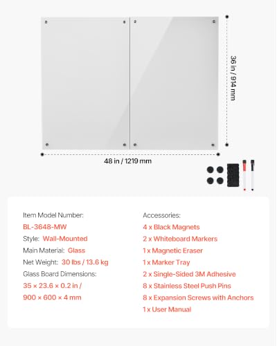 VEVOR Glass Dry Erase Board 48"x36" White Magnetic Whiteboard - color: White, size: 48"W x 36"H