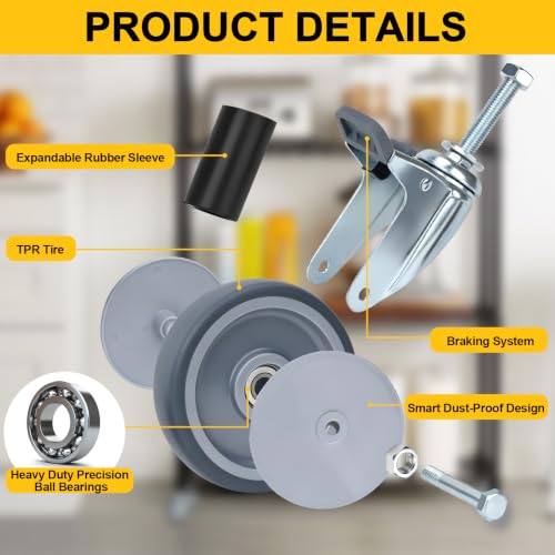 3 Inch Expanding Stem Caster Wheels with Locking Brake Set of 4 - size: 3Inch
