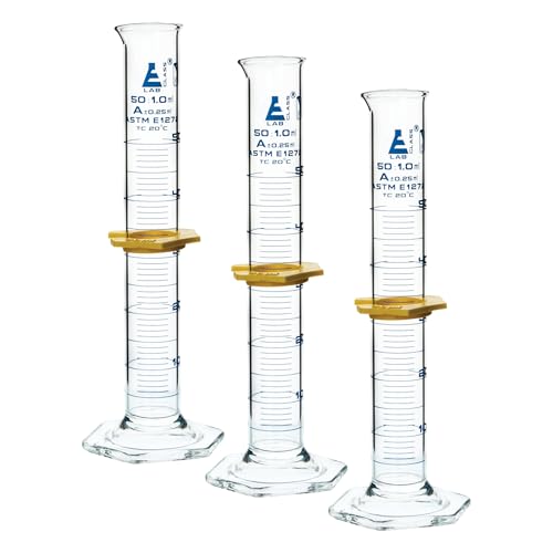 Graduated Cylinder, 50mL - ASTM, Class A Tolerance ±0.25mL - Protective Collar, Hexagonal Base - Blue Graduations - Borosilicate 3.3 Glass - Eisco Labs (Pack of 3) - size: 50mL (Pack of 3)