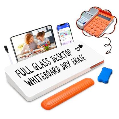 Desk Whiteboard Dry Erase Glass Desktop Whiteboard with Calculator, Desk Board with Keyboard Stand for Office or School