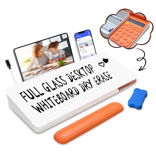 Desk Whiteboard Dry Erase Glass Desktop Whiteboard with Calculator, Desk Board with Keyboard Stand for Office or School