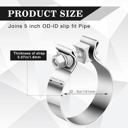 2 Pack 5 Inch Narrow Band Muffler Clamp, 304 Stainless Steel Slip Joint Clamp, Fits 5" Od Pipe for Automotive Repair - size: 5 Inch