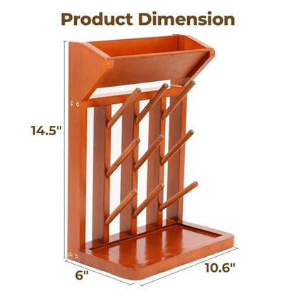 Brown Vertical Bottle Drying Rack Rubber Wood 9 Hooks, Use for Bottles, Cups, Mugs, Glasswine, Space Saving Storage Shelf Bottle Holder Dryer Kitchen