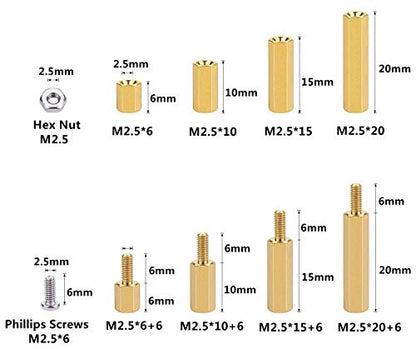 320Pcs M2.5 Male-Female Brass Spacer Standoff & Stainless Steel Screw Nut Assortment Kit