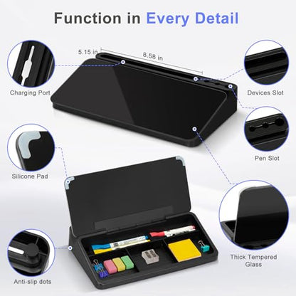 Small Desktop Glass Whiteboard with Storage, Desk White Board Stand Black - color: Black