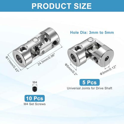 MECCANIXITY 5pcs Universal Joint Shaft Coupling, 3mm to 5mm Inner Dia Rotatable Steering Shaft U Joints Coupler with Screws for RC Car, Robot, Boat Drive Ship Motor Use - size: 3mm to 5mm