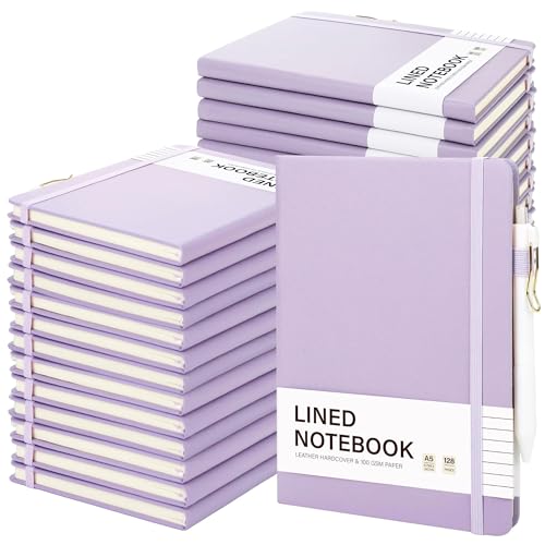 Aodaer 30 Set Lined Notebook Journals with Pens A5 Notebooks 100 GSM College Ruled Hardcover Notebook PU Leather Notepad with Pen Holder for Office School, 5.7 x 8.3 Inches, Lavender - color: Lavender